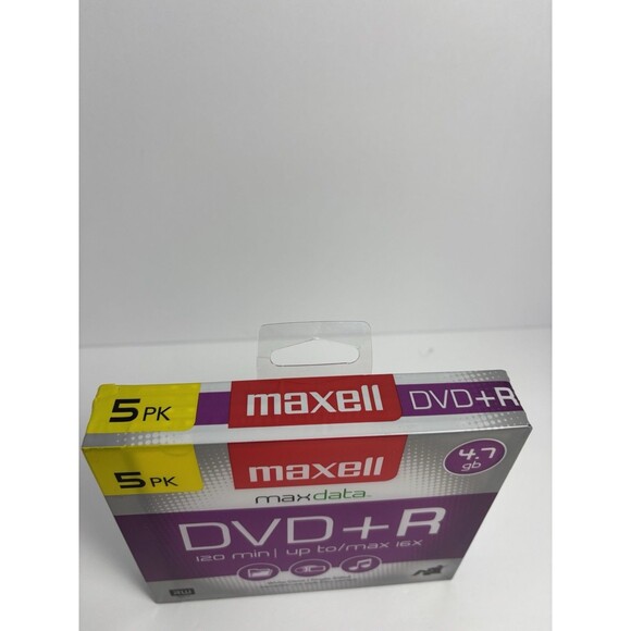 MAXELL DVD+R 16X 4.7GB 120 MINUTE BLANK MEDIA DISCS 5-Pack "BRAND NEW & SEALED" - Picture 2 of 6
